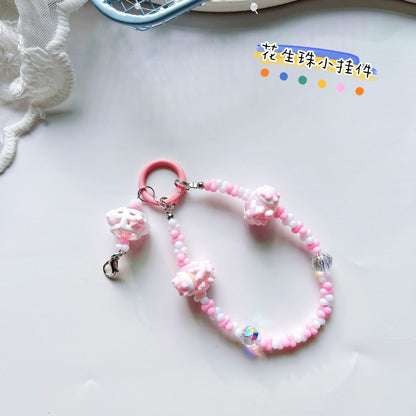 Creative rabub flocking keychain cute lanyard beads string peanut beads mobile phone chain bag pendant key chain