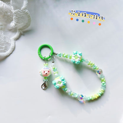 Creative rabub flocking keychain cute lanyard beads string peanut beads mobile phone chain bag pendant key chain