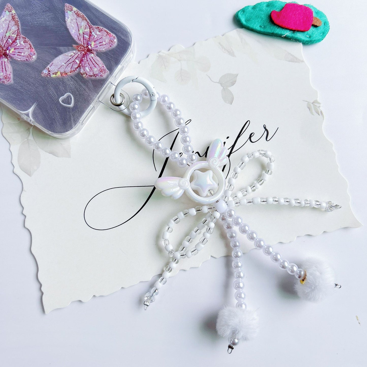 Angel wings beads string mobile phone chain creative bow hairball bag car keychain pendant mobile phone case universal