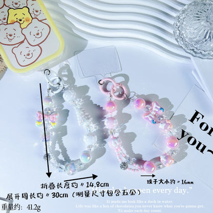 New crystal mobile phone chain pendant graffiti hand-painted bow bead string chain double buckle mobile phone case autumn and winter mobile phone chain