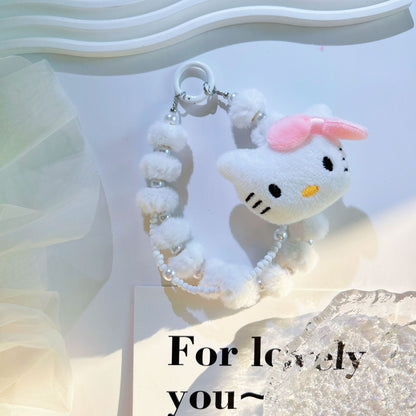 Autumn and winter new cartoon strawberry bear plush mobile phone chain bead string keychain bag cute pendant bag extension chain