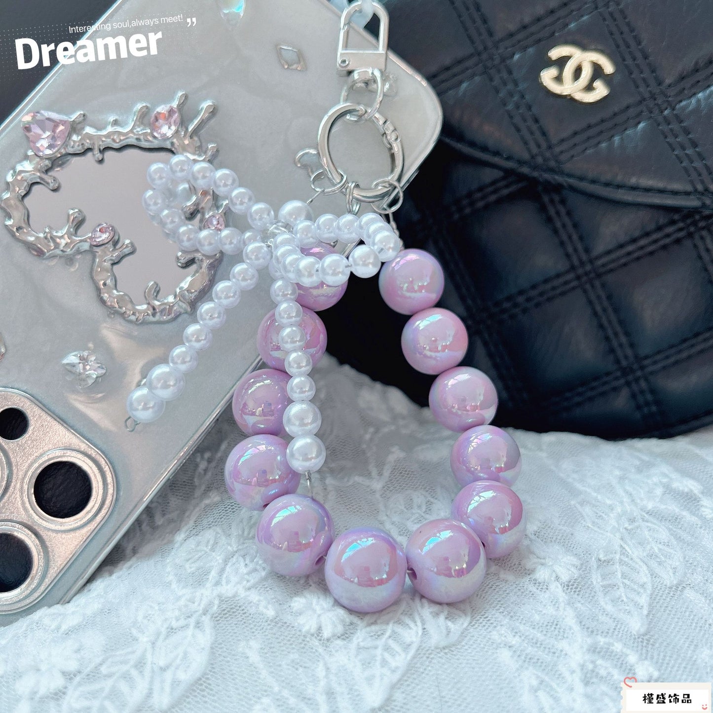 Internet celebrity pearl bow mobile phone chain girl bag exquisite pendant pink bead string wrist rope car keychain