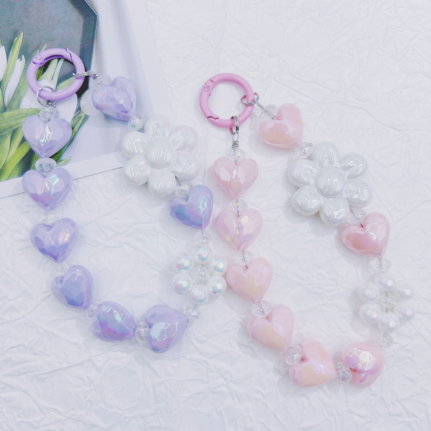 New electroplated love sunflower keychain bead string mobile phone pendant small fresh color bag accessories earphone pendant