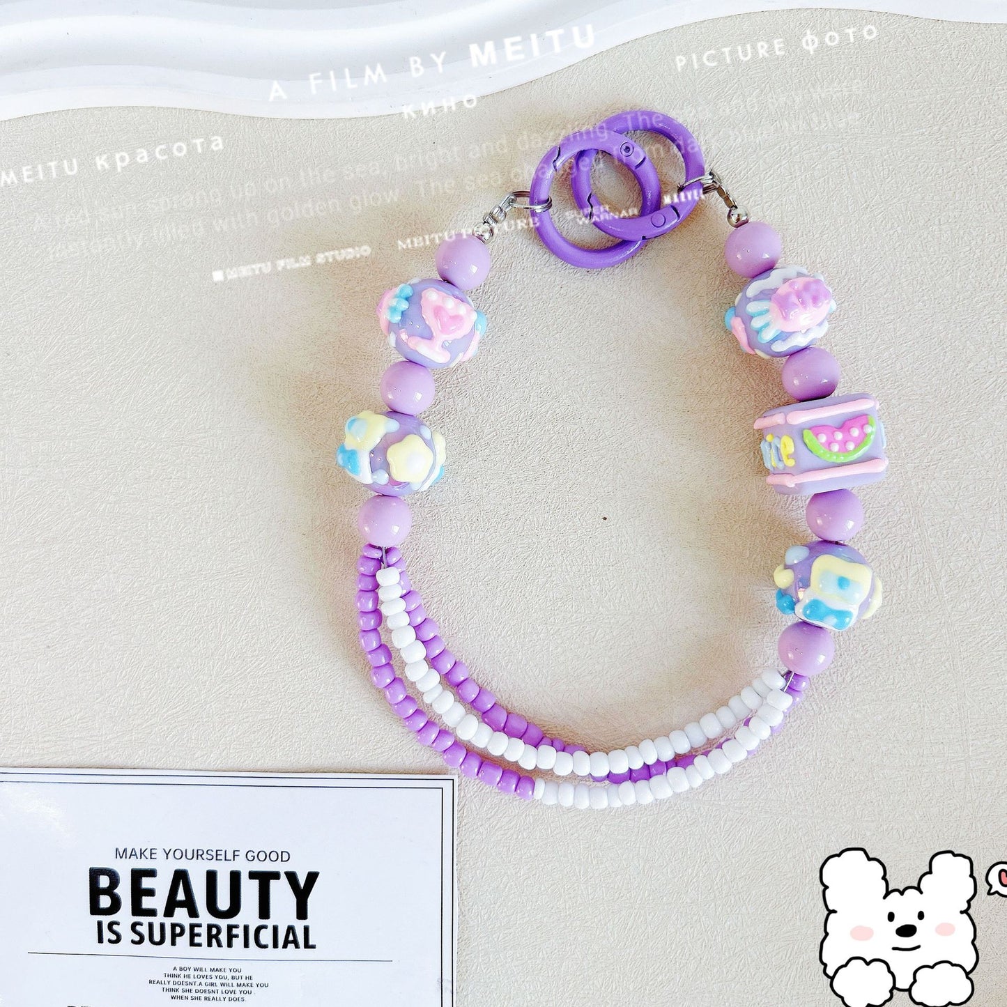 Heavy Industry Square Hand-painted Bead Mobile Phone Chain Three-Line Rice Bead String Car Keychain Pendant Exquisite Bag Pendant