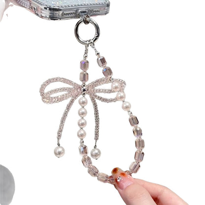 Internet celebrity high sense three-dimensional crystal bow mobile phone chain pendant key lanyard pearl mobile phone lanyard bag chain