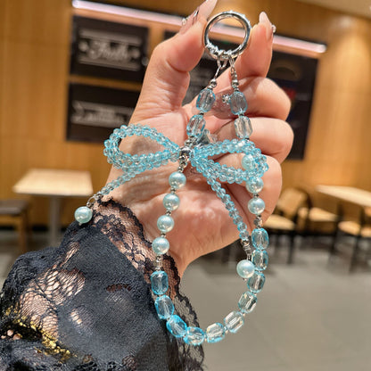 Internet celebrity high sense three-dimensional crystal bow mobile phone chain pendant key lanyard pearl mobile phone lanyard bag chain