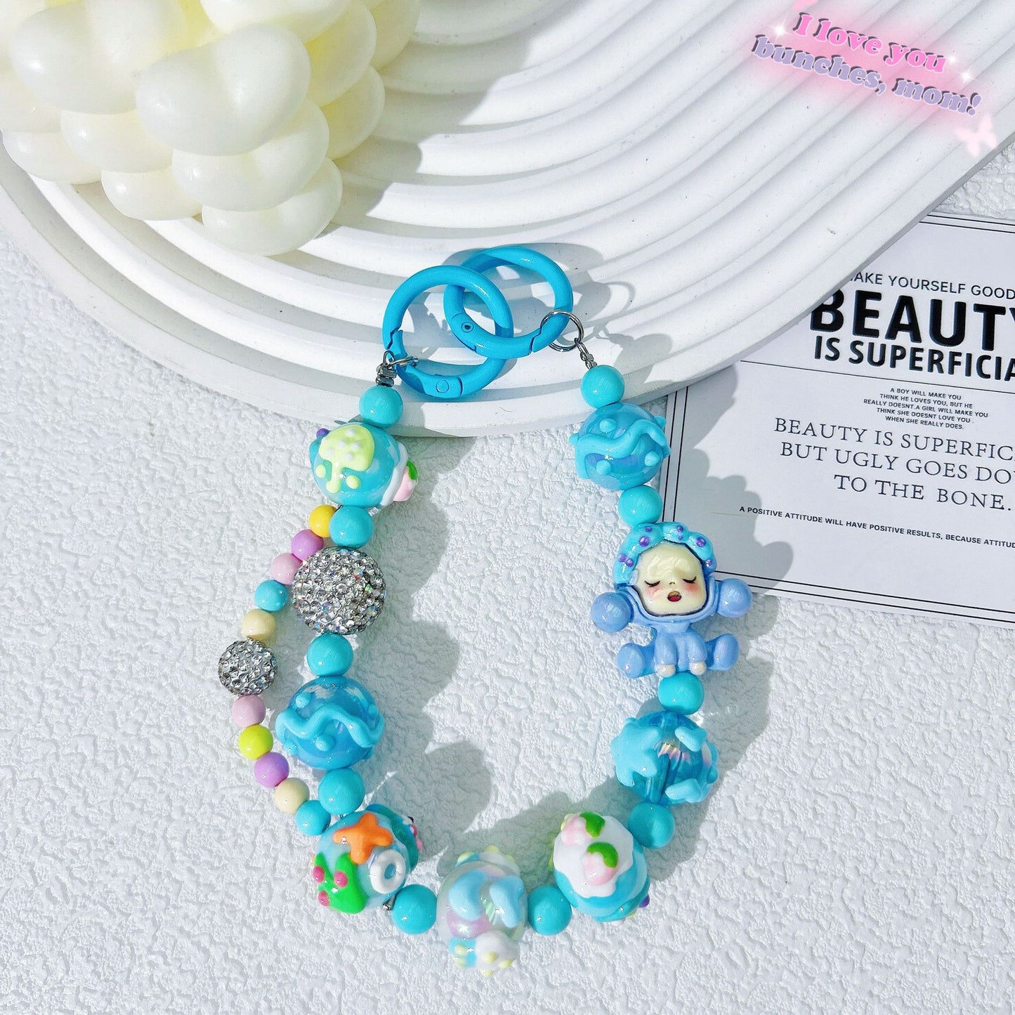 Creative hand-painted graffiti cartoon mobile phone chain diamond ball bead string mobile phone case back clip pendant keychain accessories wholesale