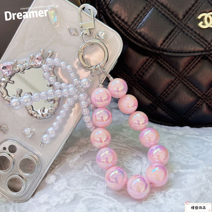 Internet celebrity pearl bow mobile phone chain girl bag exquisite pendant pink bead string wrist rope car keychain