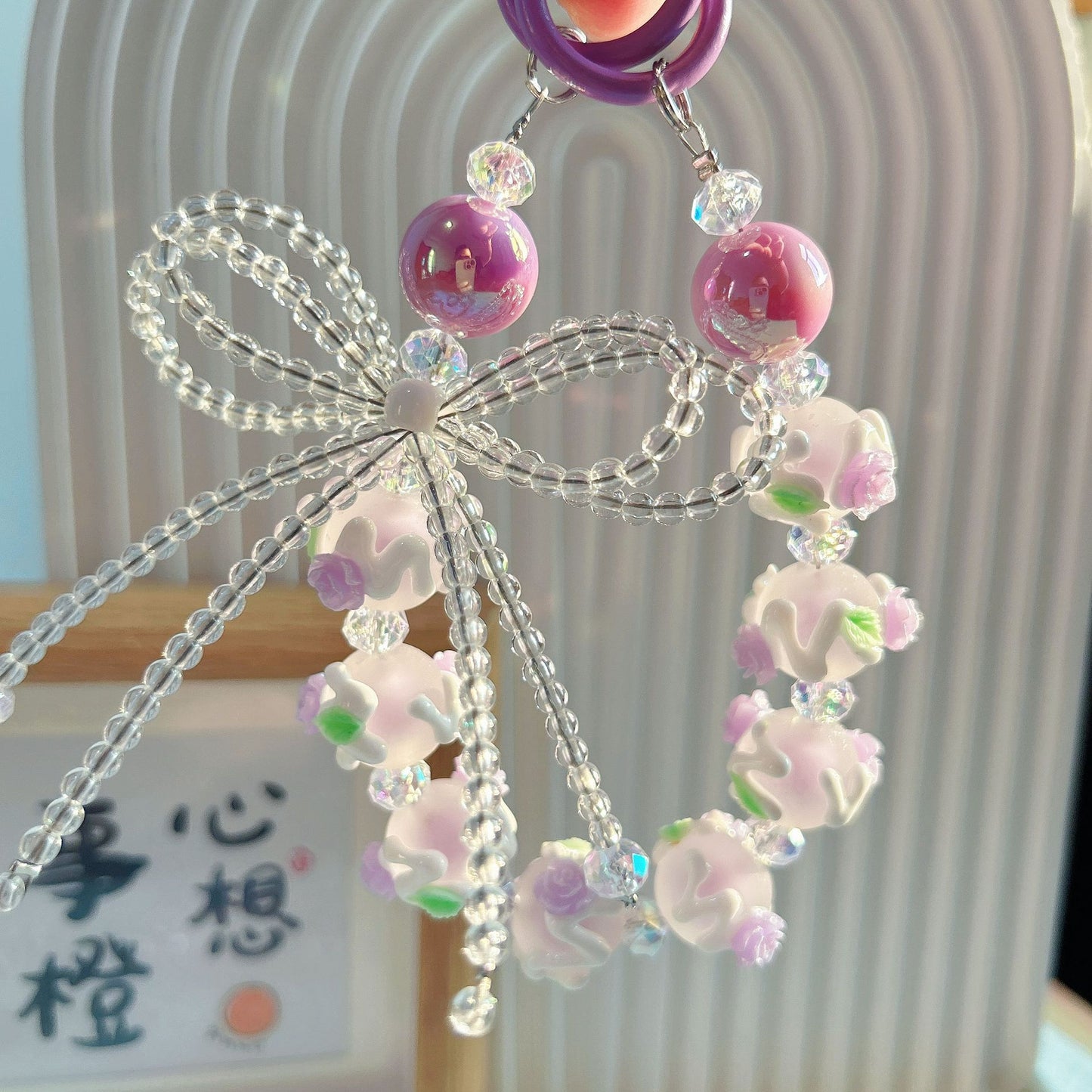 Creative beaded crystal bow hand-painted bead mobile phone chain keychain blind box live broadcast the same claw machine gift