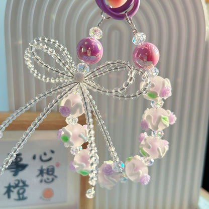 Creative beaded crystal bow hand-painted bead mobile phone chain keychain blind box live broadcast the same claw machine gift
