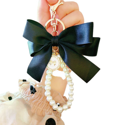 New large pearl bow keychain pendant handmade bead string hair accessories webbing cloth knot bag pendant accessories