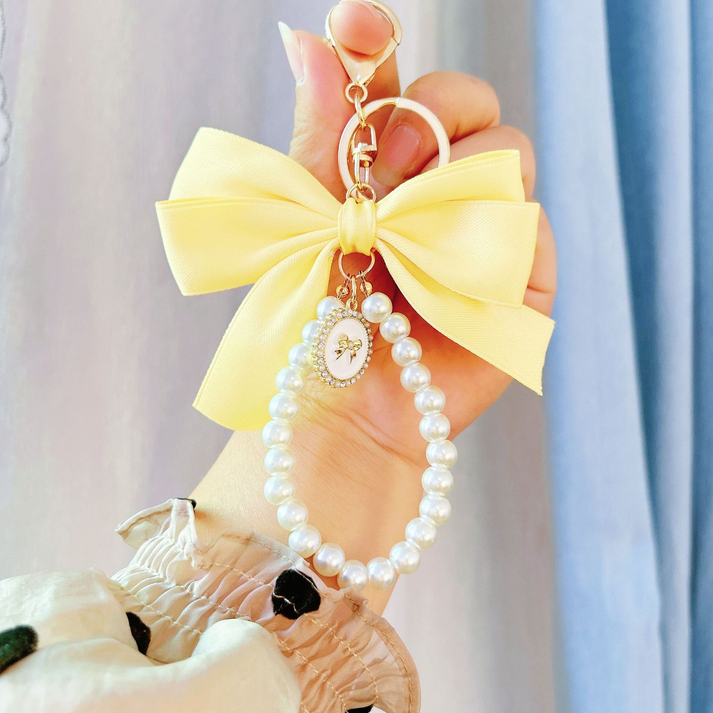 New large pearl bow keychain pendant handmade bead string hair accessories webbing cloth knot bag pendant accessories