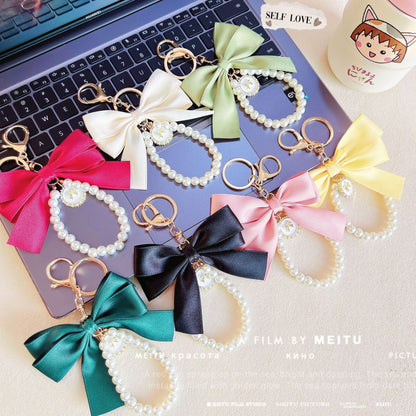 New large pearl bow keychain pendant handmade bead string hair accessories webbing cloth knot bag pendant accessories