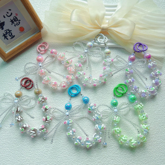 Creative beaded crystal bow hand-painted bead mobile phone chain keychain blind box live broadcast the same claw machine gift
