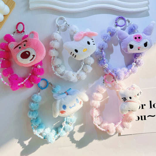 Autumn and winter new cartoon strawberry bear plush mobile phone chain bead string keychain bag cute pendant bag extension chain