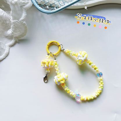 Creative rabub flocking keychain cute lanyard beads string peanut beads mobile phone chain bag pendant key chain