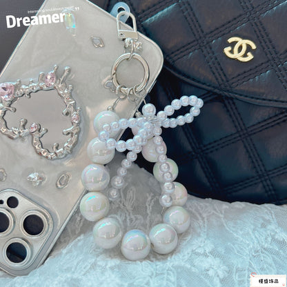 Internet celebrity pearl bow mobile phone chain girl bag exquisite pendant pink bead string wrist rope car keychain