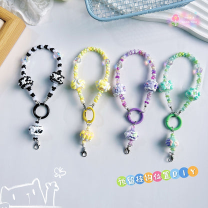 Creative rabub flocking keychain cute lanyard beads string peanut beads mobile phone chain bag pendant key chain