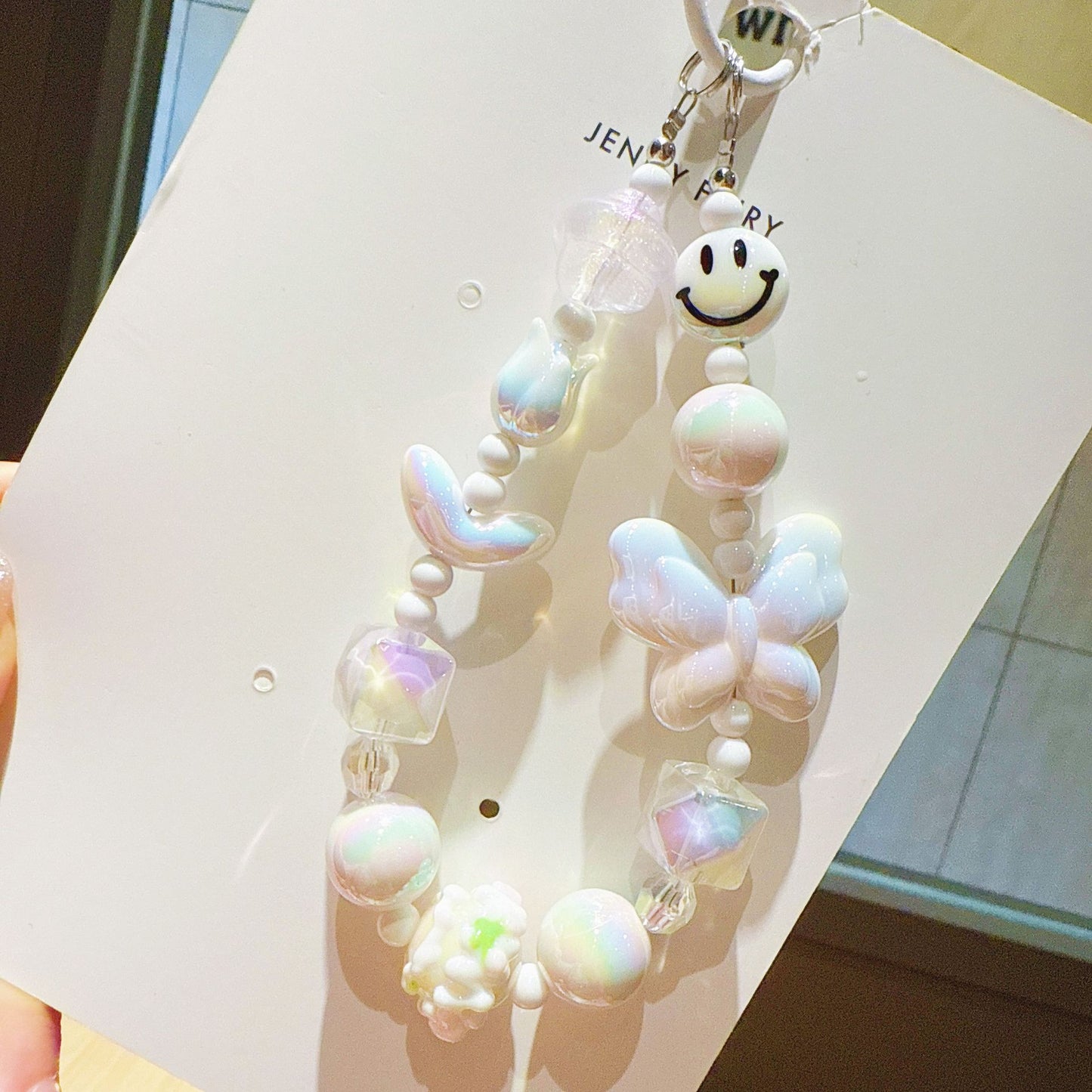 New UV Plated Butterfly Beaded Mobile Phone Chain Keychain Creative Smiley Pendant Car Key Bag Charm Gift