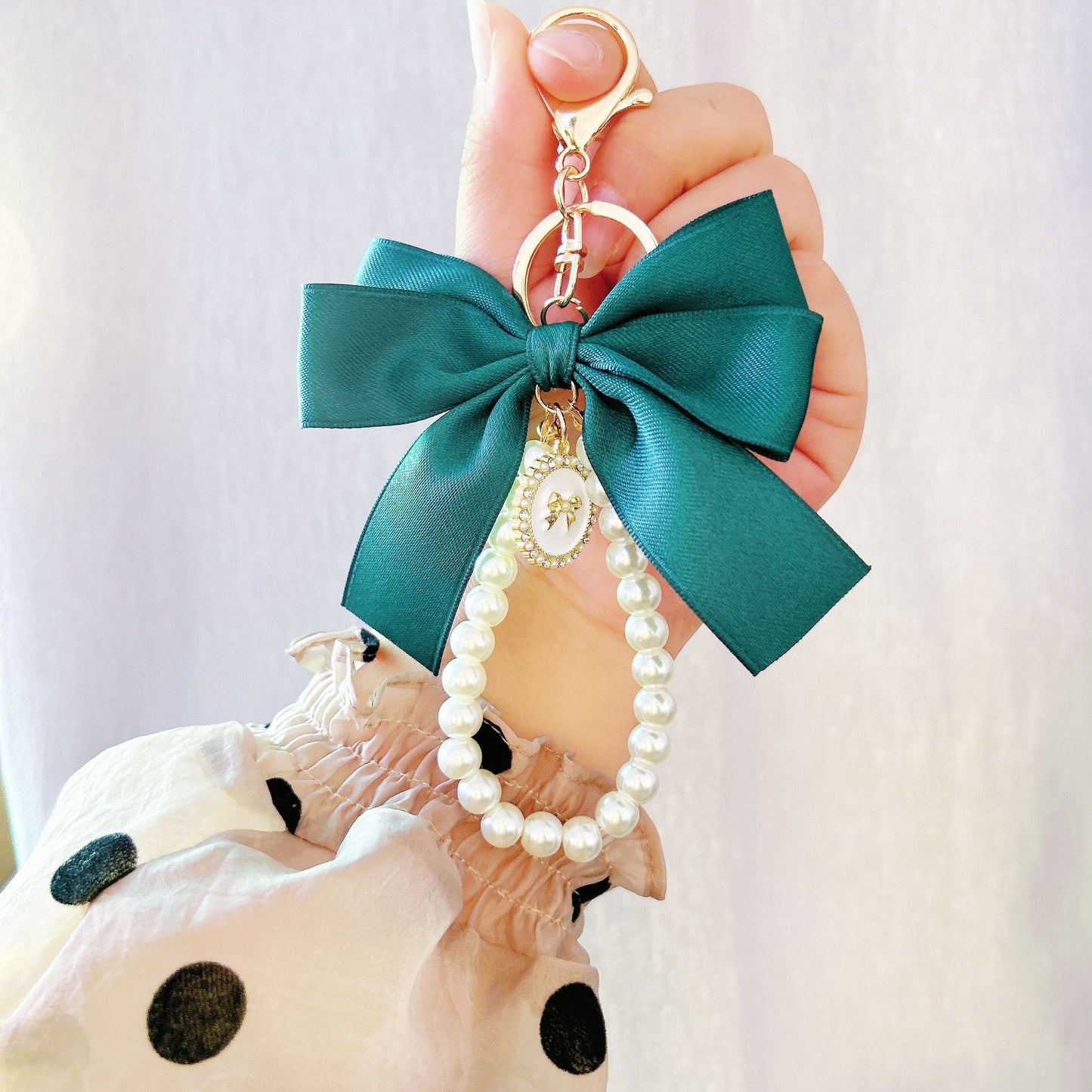 New large pearl bow keychain pendant handmade bead string hair accessories webbing cloth knot bag pendant accessories