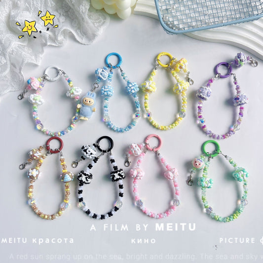 Creative rabub flocking keychain cute lanyard beads string peanut beads mobile phone chain bag pendant key chain