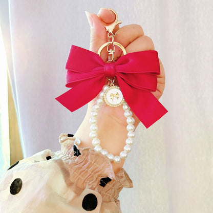 New large pearl bow keychain pendant handmade bead string hair accessories webbing cloth knot bag pendant accessories
