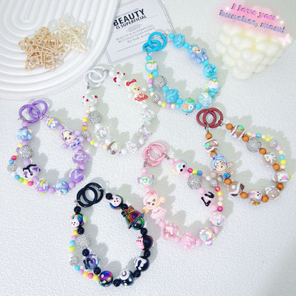 Creative hand-painted graffiti cartoon mobile phone chain diamond ball bead string mobile phone case back clip pendant keychain accessories wholesale