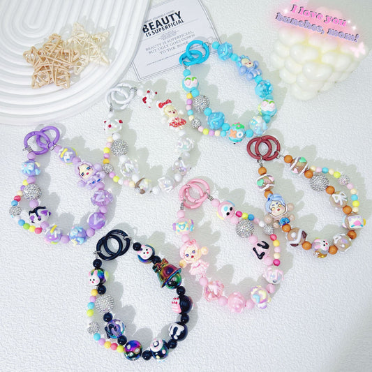 Creative hand-painted graffiti cartoon mobile phone chain diamond ball bead string mobile phone case back clip pendant keychain accessories wholesale