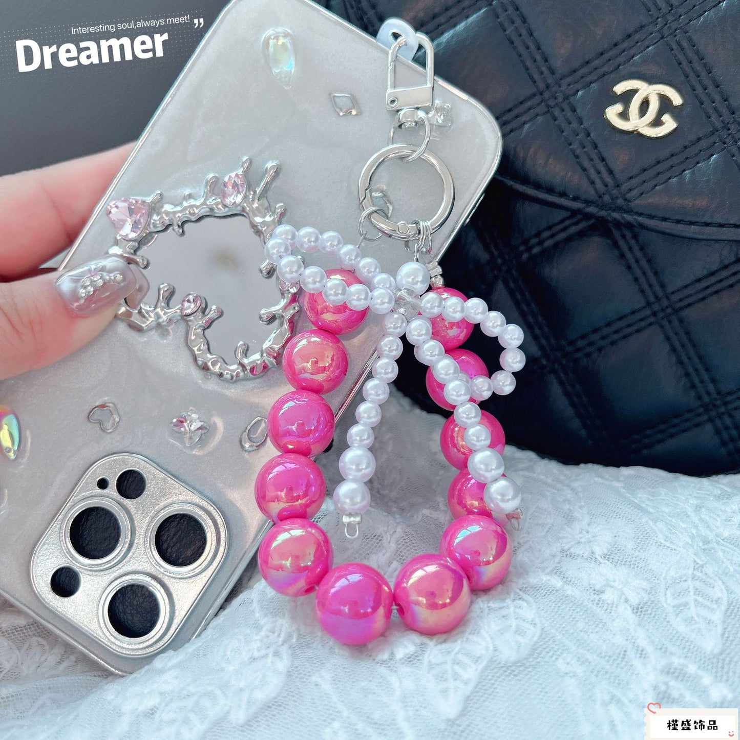 Internet celebrity pearl bow mobile phone chain girl bag exquisite pendant pink bead string wrist rope car keychain