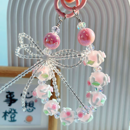 Creative beaded crystal bow hand-painted bead mobile phone chain keychain blind box live broadcast the same claw machine gift