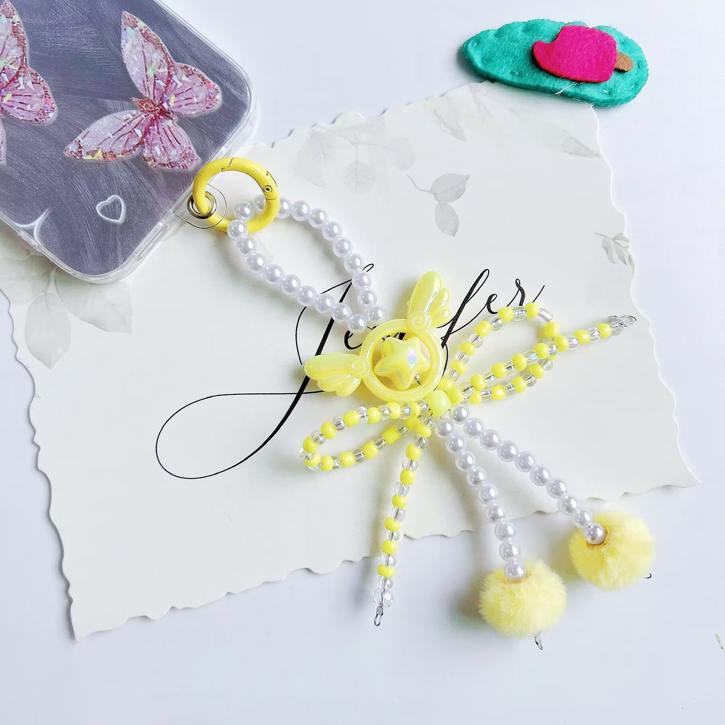 Angel wings beads string mobile phone chain creative bow hairball bag car keychain pendant mobile phone case universal