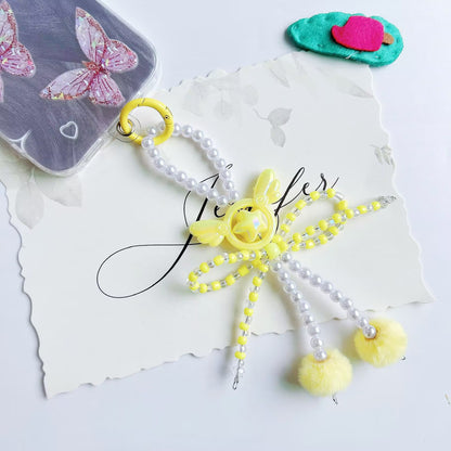 Angel wings beads string mobile phone chain creative bow hairball bag car keychain pendant mobile phone case universal
