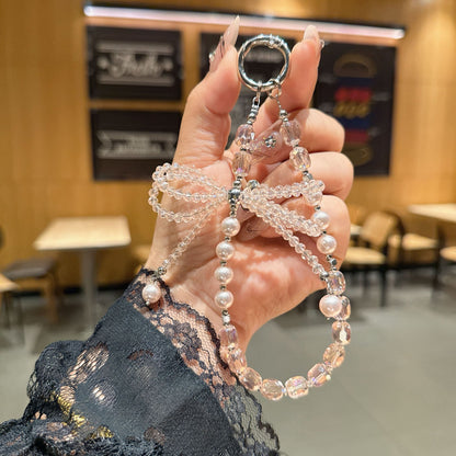 Internet celebrity high sense three-dimensional crystal bow mobile phone chain pendant key lanyard pearl mobile phone lanyard bag chain
