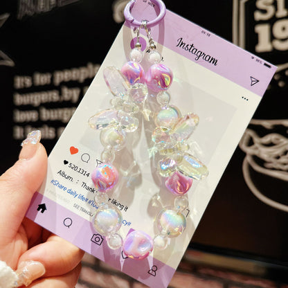 New acrylic high-transparency colorful crystal butterfly bead string mobile phone case pendant Internet celebrity same keychain mobile phone chain