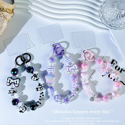 New crystal mobile phone chain pendant graffiti hand-painted bow bead string chain double buckle mobile phone case autumn and winter mobile phone chain
