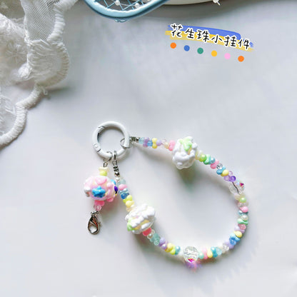 Creative rabub flocking keychain cute lanyard beads string peanut beads mobile phone chain bag pendant key chain