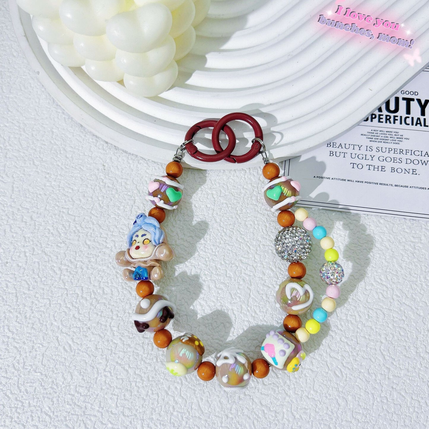 Creative hand-painted graffiti cartoon mobile phone chain diamond ball bead string mobile phone case back clip pendant keychain accessories wholesale