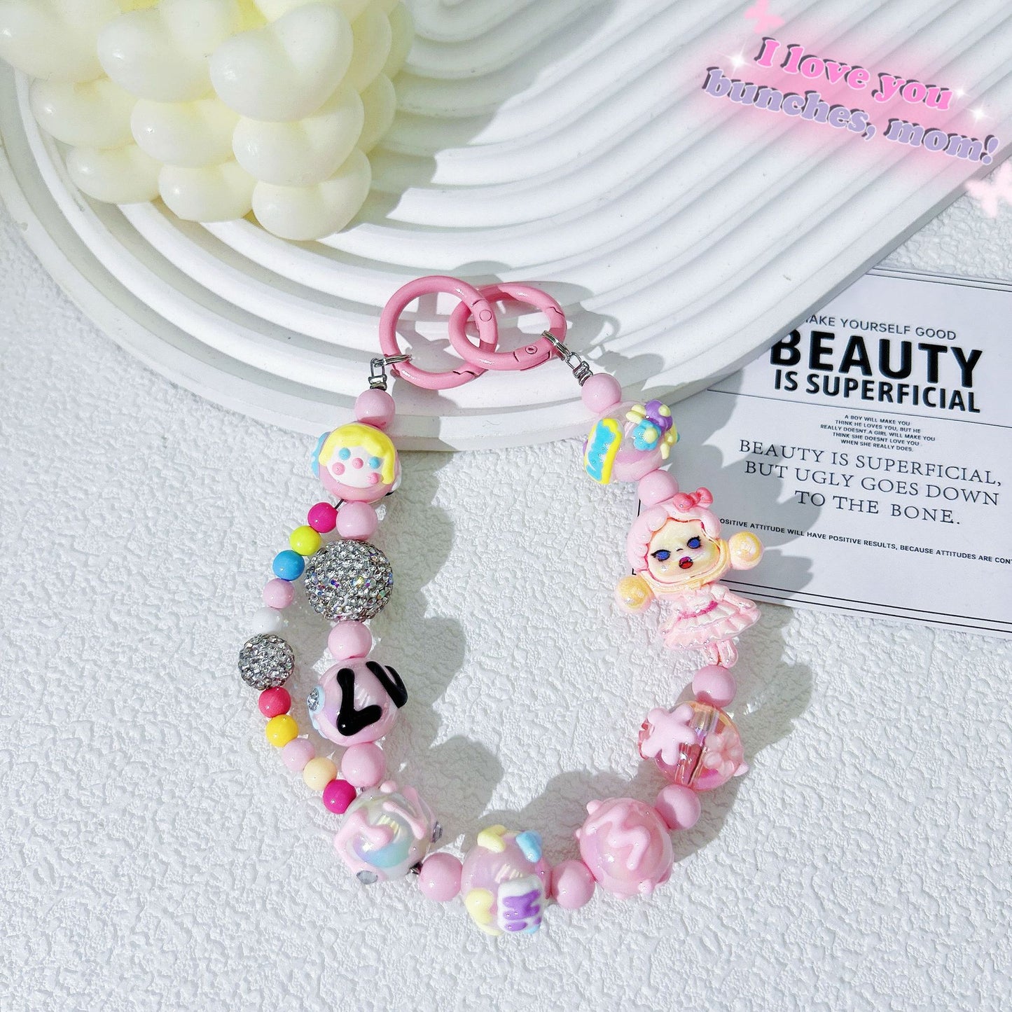 Creative hand-painted graffiti cartoon mobile phone chain diamond ball bead string mobile phone case back clip pendant keychain accessories wholesale