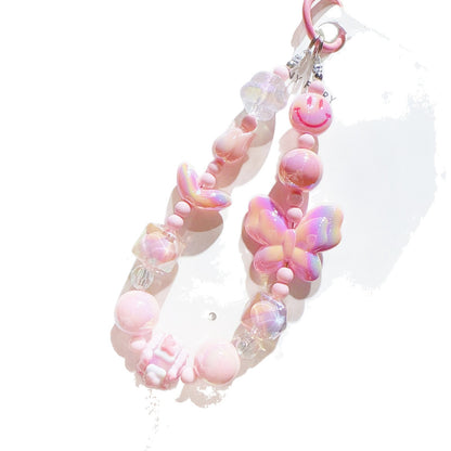 New UV Plated Butterfly Beaded Mobile Phone Chain Keychain Creative Smiley Pendant Car Key Bag Charm Gift