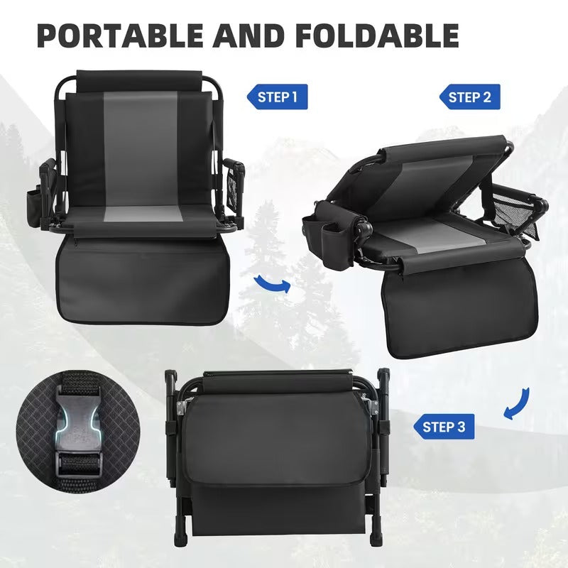 Stadium Seats with Back Support and Cushion, 2 Pack Portable Bleacher Chairs with Cup Holder, Storage Bags and Shoulder Strap, Comfortable for Various Sports Events, Black and Gray