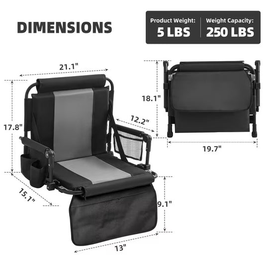 Stadium Seats with Back Support and Cushion, 2 Pack Portable Bleacher Chairs with Cup Holder, Storage Bags and Shoulder Strap, Comfortable for Various Sports Events, Black and Gray